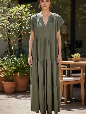 Calvin Klein Olive Green Split Neck Flutter Sleeve Tiered Maxi Dress Size 8